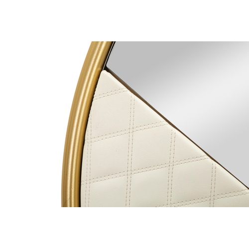 Miroir Mural Rond Ø80 Cm Blanc Et Or Avec Détails Cuir Capitonné