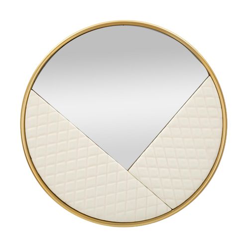 Miroir Mural Rond Ø80 Cm Blanc Et Or Avec Détails Cuir Capitonné
