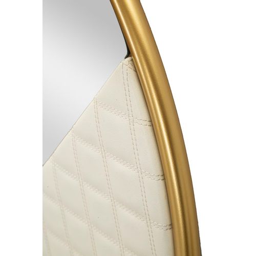 Miroir Mural Rond Ø80 Cm Blanc Et Or Avec Détails Cuir Capitonné