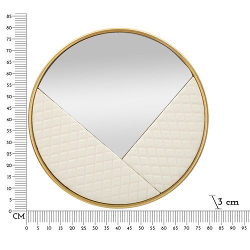 Miroir Mural Rond Ø80 Cm Blanc Et Or Avec Détails Cuir Capitonné