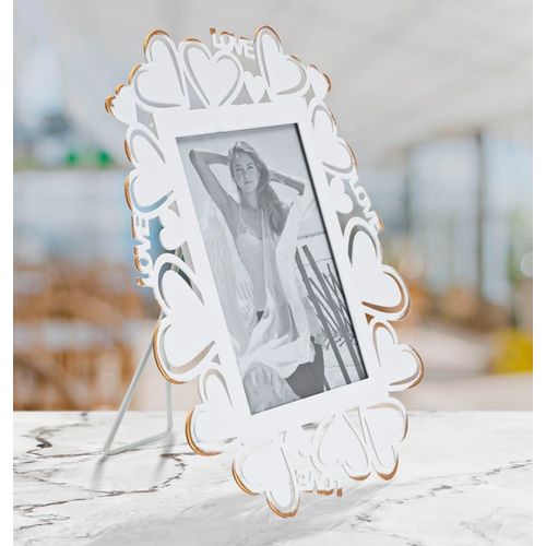 Cadre Photo Blanc Et doré 25x14,5x27,7 Cm En Métal Avec Motifs Cœurs Élégants
