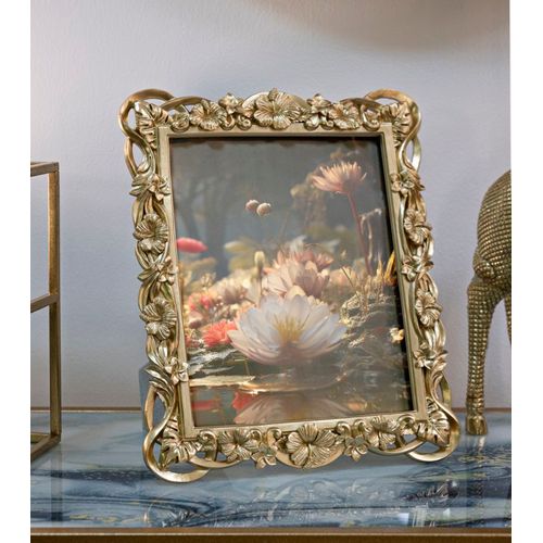 Cadre Photo Rectangulaire Doré En Résine Décor Feuilles Et Fleurs 27,8x33,5 Cm Pour Photo 20x25 Cm