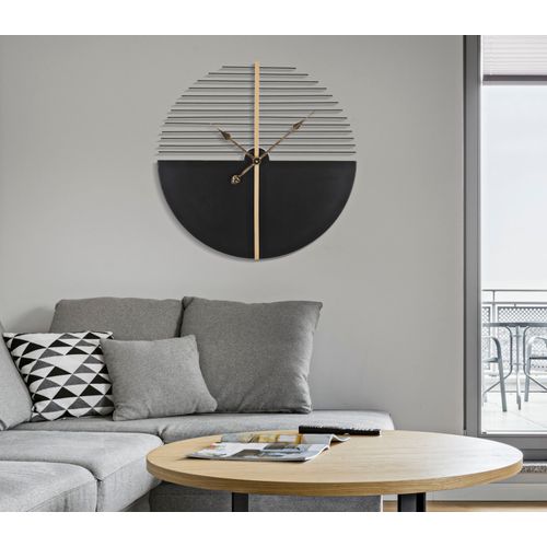 Horloge Murale Ronde Ø60 Cm Métal Noir Et Doré Avec Décor Géométrique Élégant