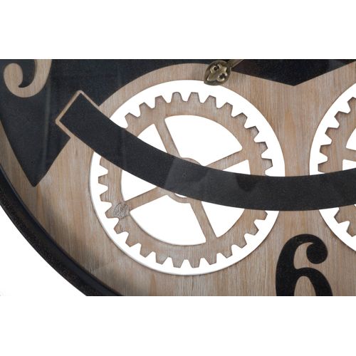 Horloge Murale Industrielle Ø67 Cm Métal Noir Et Mdf Marron Avec Décor Engrenages