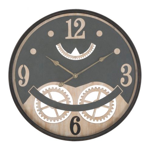 Horloge Murale Industrielle Ø67 Cm Métal Noir Et Mdf Marron Avec Décor Engrenages