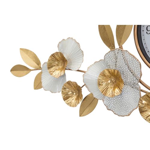 Horloge Murale Ronde 92,5 Cm Avec Panneau 3d Décoratif Fleurs Et Feuilles Doré