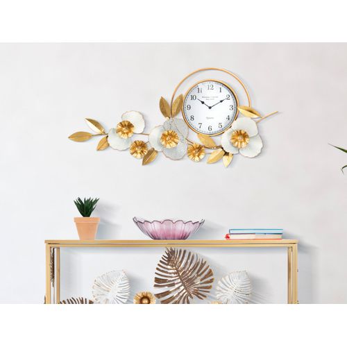 Horloge Murale Ronde 92,5 Cm Avec Panneau 3d Décoratif Fleurs Et Feuilles Doré