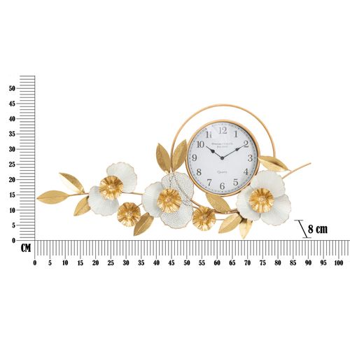 Horloge Murale Ronde 92,5 Cm Avec Panneau 3d Décoratif Fleurs Et Feuilles Doré