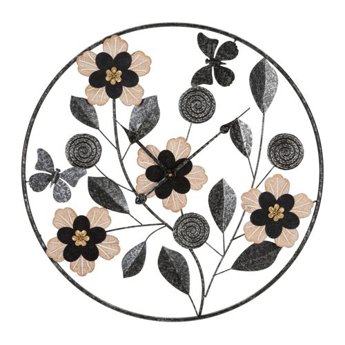 Horloge Murale Ronde 67 Cm Avec Cadran Décoratif Fleurs, Feuilles Et Papillons Marron Et Noir