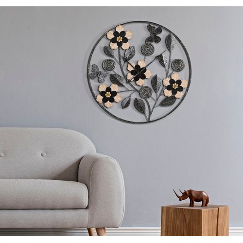 Horloge Murale Ronde 67 Cm Avec Cadran Décoratif Fleurs, Feuilles Et Papillons Marron Et Noir