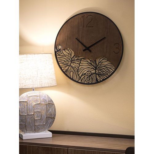Horloge Murale Ronde 60 Cm Moderne En Métal Et Bois Avec Gravures Tropicales