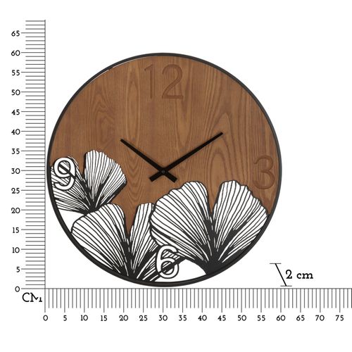 Horloge Murale Ronde 60 Cm En Métal Et Bois Avec Gravures Feuille Tropicales Pour Décoration Moderne