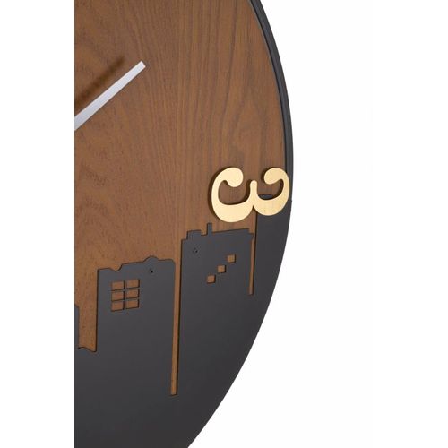 Horloge Murale Ronde 60 Cm En Métal Et Bois Avec Gravure Skyline Élégante Pour Intérieur Moderne