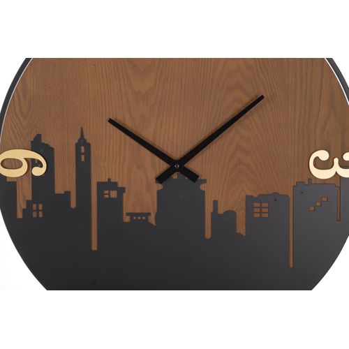 Horloge Murale Ronde 60 Cm En Métal Et Bois Avec Gravure Skyline Élégante Pour Intérieur Moderne