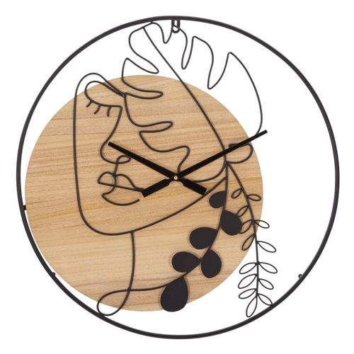 Horloge Murale Ronde 60 Cm En Métal Et Bois Avec Lignes Sinueuses Représentant Visage Et Feuilles