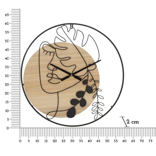 Horloge Murale Ronde 60 Cm En Métal Et Bois Avec Lignes Sinueuses Représentant Visage Et Feuilles