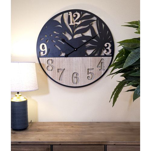 Horloge Murale Ronde 60 Cm En Métal Et Bois Au Design Moderne Inspiré Des Feuilles Tropicales