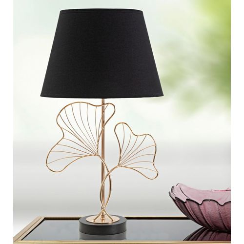 Lampe à Poser Ø30x60 Cm En Métal Doré Avec Abat-jour Noir Motif Feuilles