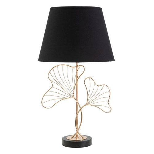 Lampe à Poser Ø30x60 Cm En Métal Doré Avec Abat-jour Noir Motif Feuilles