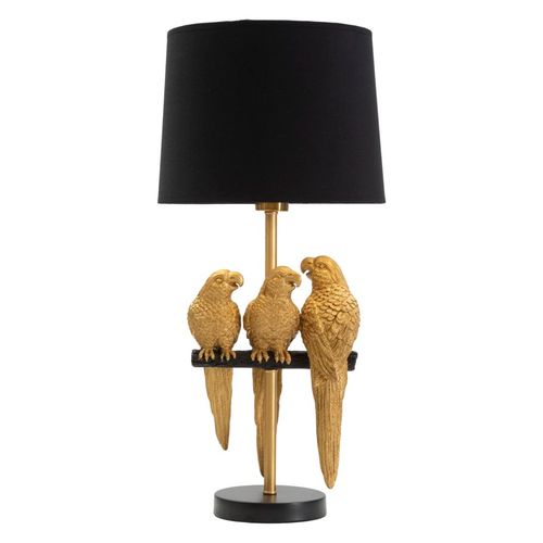Lampe à Poser Ø30x62,5 Cm En Métal Doré Avec Perroquets Et Abat-jour Noir