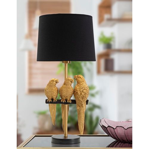 Lampe à Poser Ø30x62,5 Cm En Métal Doré Avec Perroquets Et Abat-jour Noir