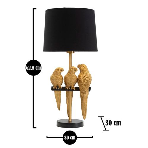 Lampe à Poser Ø30x62,5 Cm En Métal Doré Avec Perroquets Et Abat-jour Noir