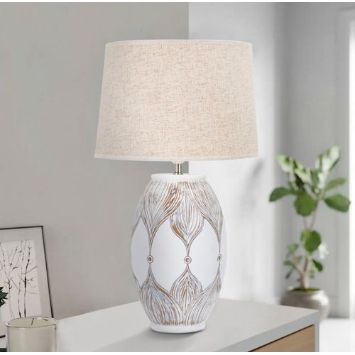 Lampe à Poser En Résine Blanche Et Brune Ø38x67 Cm Avec Abat-jour Beige Style Bohème Chic
