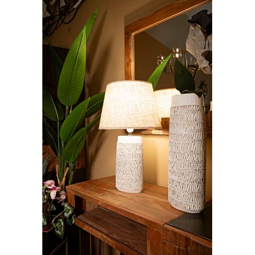Lampe à Poser En Résine 35x60,5 Cm Blanc Vieilli Et Brun Avec Abat-jour Beige Style Bohème Chic