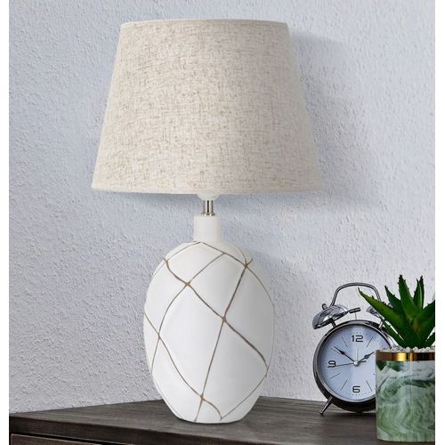 Lampe à Poser En Résine Ø35x60 Cm Blanc Vieilli Et Brun Avec Abat-jour Beige Style Bohème Chic