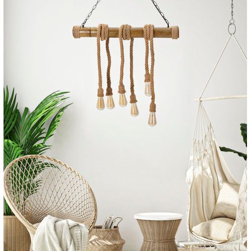Suspension Bambou Et Corde 6 Lumières 80x15x120 Cm Style Bohème Chic