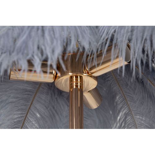 Lampadaire Doré 3 Lumières Avec Abat-jour Plumes Blanches Et Grises Chic