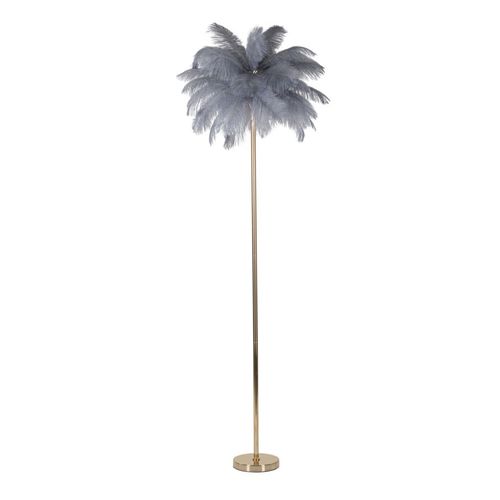 Lampadaire Doré 3 Lumières Avec Abat-jour Plumes Blanches Et Grises Chic