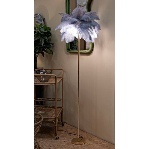 Lampadaire Doré 3 Lumières Avec Abat-jour Plumes Blanches Et Grises Chic
