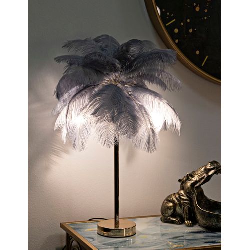Lampe à Poser Dorée Avec Abat-jour Plumes Grises Et Blanches 55x60 Cm