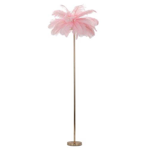 Lampadaire Doré 3 Lumières Avec Abat-jour Plumes Roses Chic
