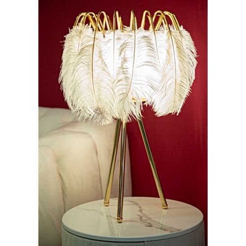 Lampe à Poser Dorée Avec Abat-jour En Plumes Blanches Ø40x60 Cm