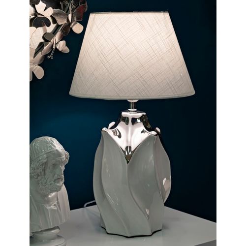Lampe à Poser Céramique Blanche Et Argent Avec Abat-jour 30x30x51 Cm