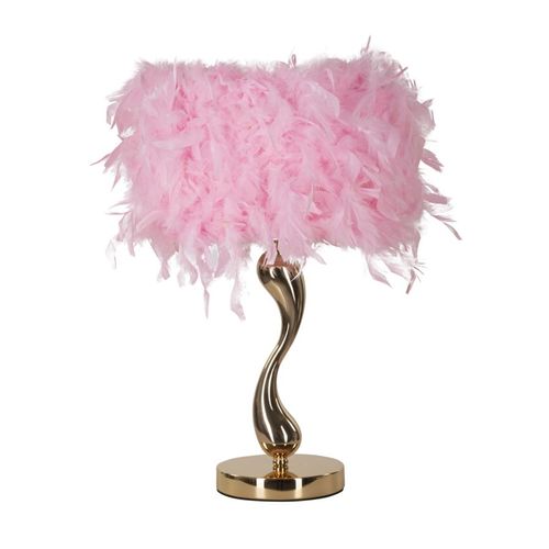 Lampe à Poser Pink Métal Doré 25x47 Cm Avec Abat-jour Plumes Synthétiques