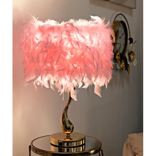 Lampe à Poser Pink Métal Doré 25x47 Cm Avec Abat-jour Plumes Synthétiques