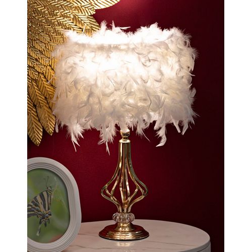Lampe à Poser Géométrique Métal Doré 25x54 Cm Avec Abat-jour Plumes