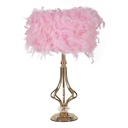 Lampe à Poser Géométrique Métal Doré Rose 25x54 Cm Avec Abat-jour Plumes