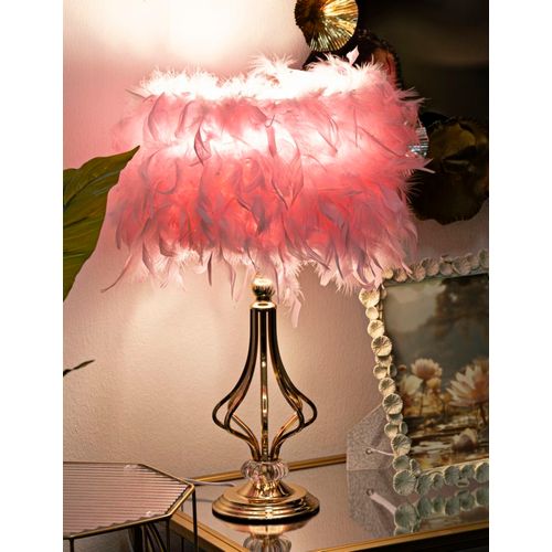 Lampe à Poser Géométrique Métal Doré Rose 25x54 Cm Avec Abat-jour Plumes