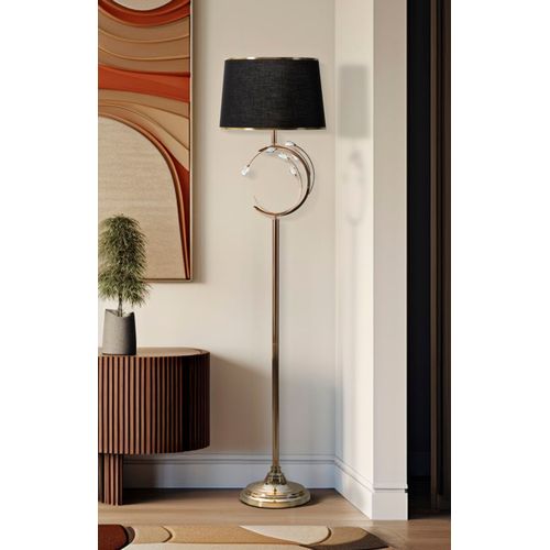 Lampadaire Doré Ø38x160 Cm Avec Abat-jour Noir Et Décoration Florale