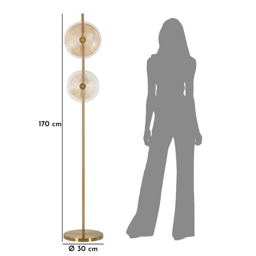 Lampadaire Élégant Ø30x168 Cm Métal Doré Avec 2 Abat-jours En Verre