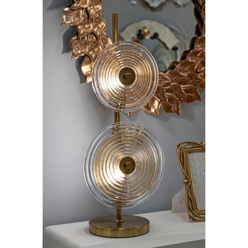 Lampe à Poser Métal Doré 25×25×63 Cm Avec 2 Abat-jours En Verre Décoratif