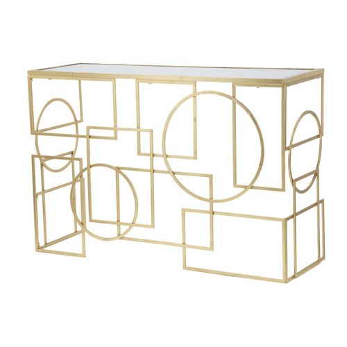 Console Rectangulaire Dorée Avec Plateau Miroir, Design Géométrique 120x41x81 Cm