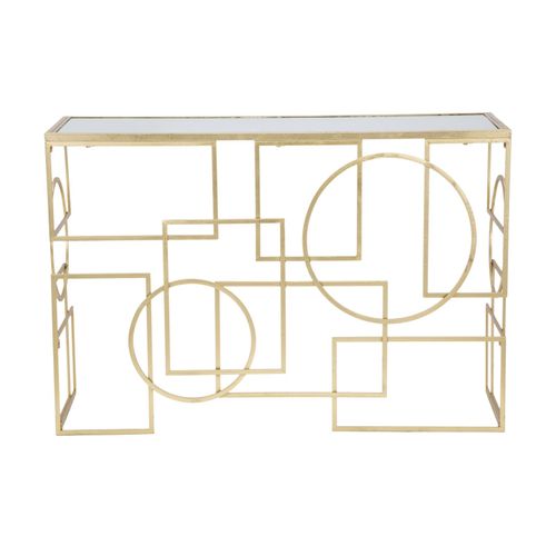 Console Rectangulaire Dorée Avec Plateau Miroir, Design Géométrique 120x41x81 Cm