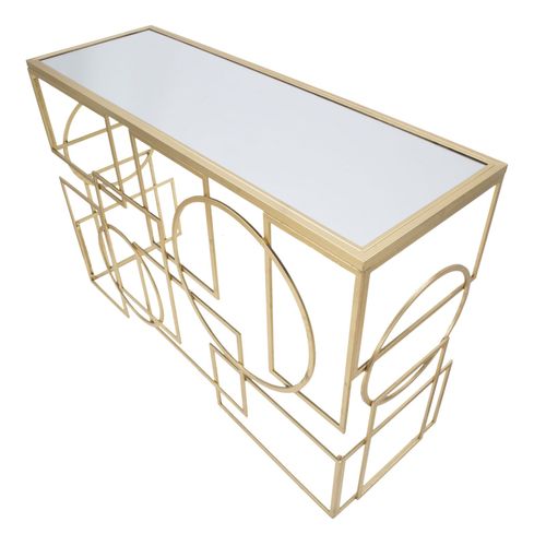 Console Rectangulaire Dorée Avec Plateau Miroir, Design Géométrique 120x41x81 Cm