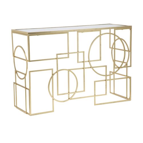 Console Rectangulaire Dorée Avec Plateau Miroir, Design Géométrique 120x41x81 Cm