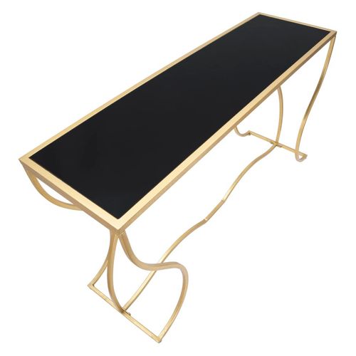 Console Élégante Dorée Avec Étagère Miroir Noire, Design Sinueux 130x40x75 Cm